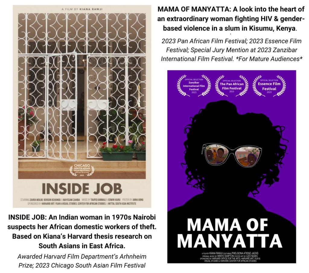 Film posters for 'Inside Job' and 'Mama of Manyatta', featuring key themes and accolades for each film by filmmaker Kiana Rawji.