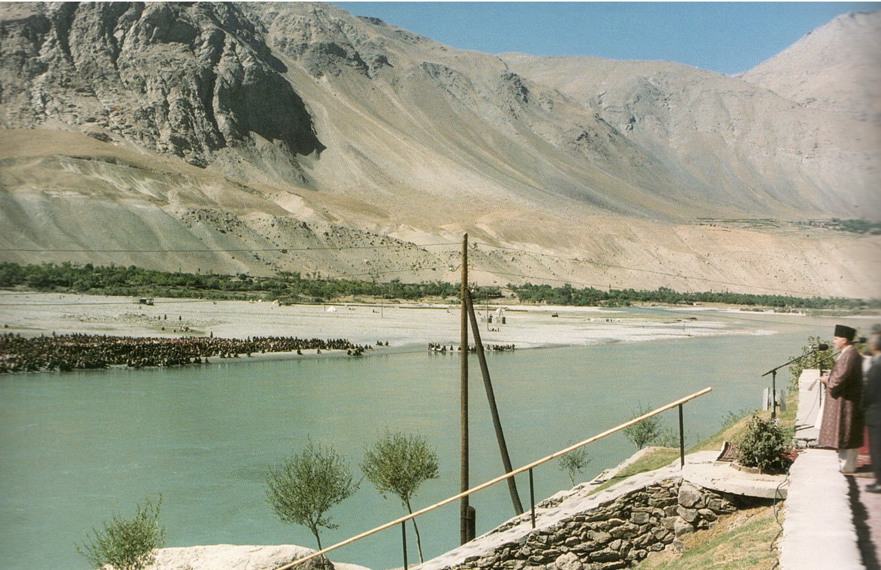 Aga Khan addresses his followers across the Panj River on the Gorno Badakhshan and Afghanistan Border