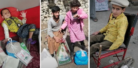 A collage featuring three images: a young child lying on a sofa with bags of items, two individuals sitting together with bags on the ground, and another child sitting in a wheelchair, emphasizing the challenges faced by disabled and vulnerable children.