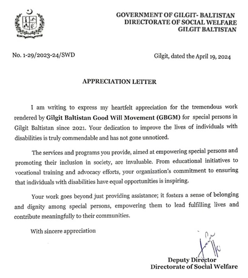 A formal appreciation letter from the Government of Gilgit-Baltistan's Directorate of Social Welfare to the Gilgit Baltistan Good Will Movement, highlighting their efforts for individuals with disabilities.