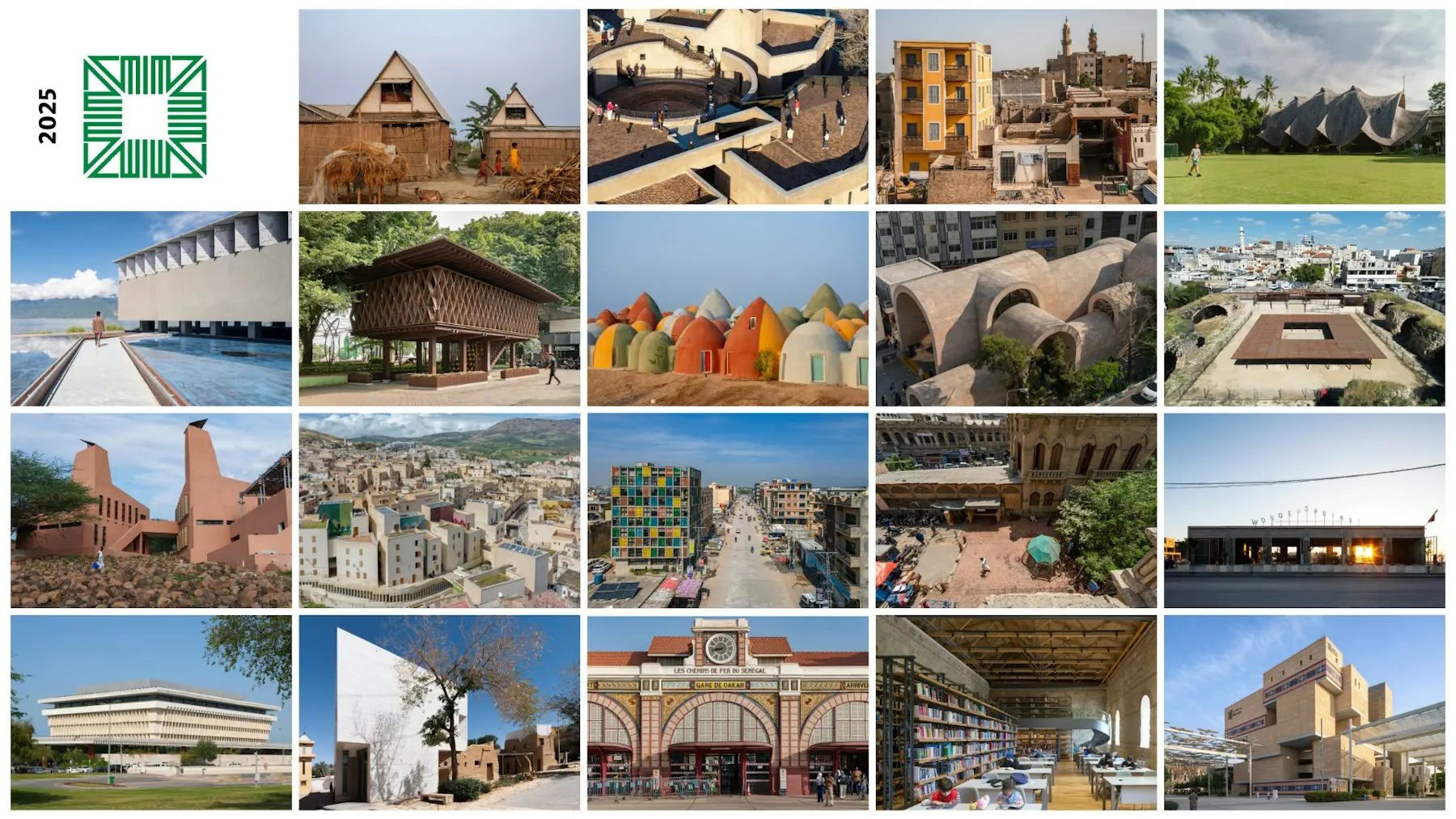 A collage of 19 projects shortlisted for the 2025 Aga Khan Award for Architecture. Please click on image for descriptions of the projects.