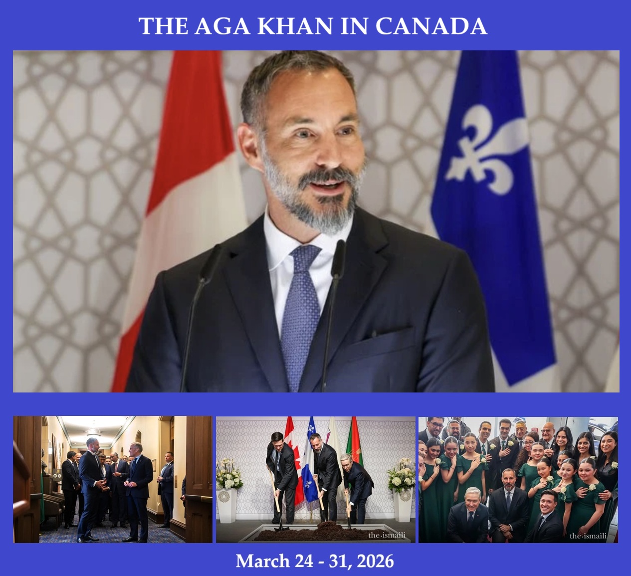 Aga Khan giving a speech at an event in Canada, with Canadian and Quebec flags in the background.