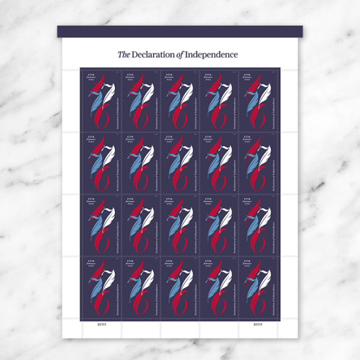 A sheet of postage stamps featuring the theme 'The Declaration of Independence,' displaying a stylized design with elements of red, white, and blue.